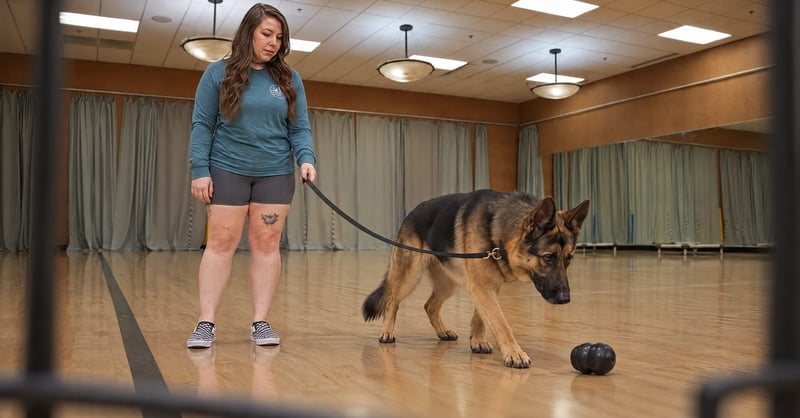 Hannah Kochman stands with a German Shepherd Dog in the auditorium classroom at Partners Dogs Scottsdale.