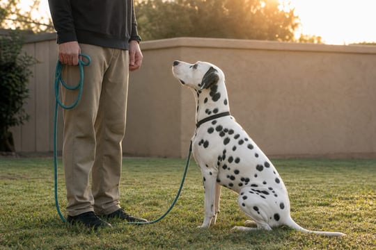 A handler supervises a calm dog on leash in a backyard at sunrise.