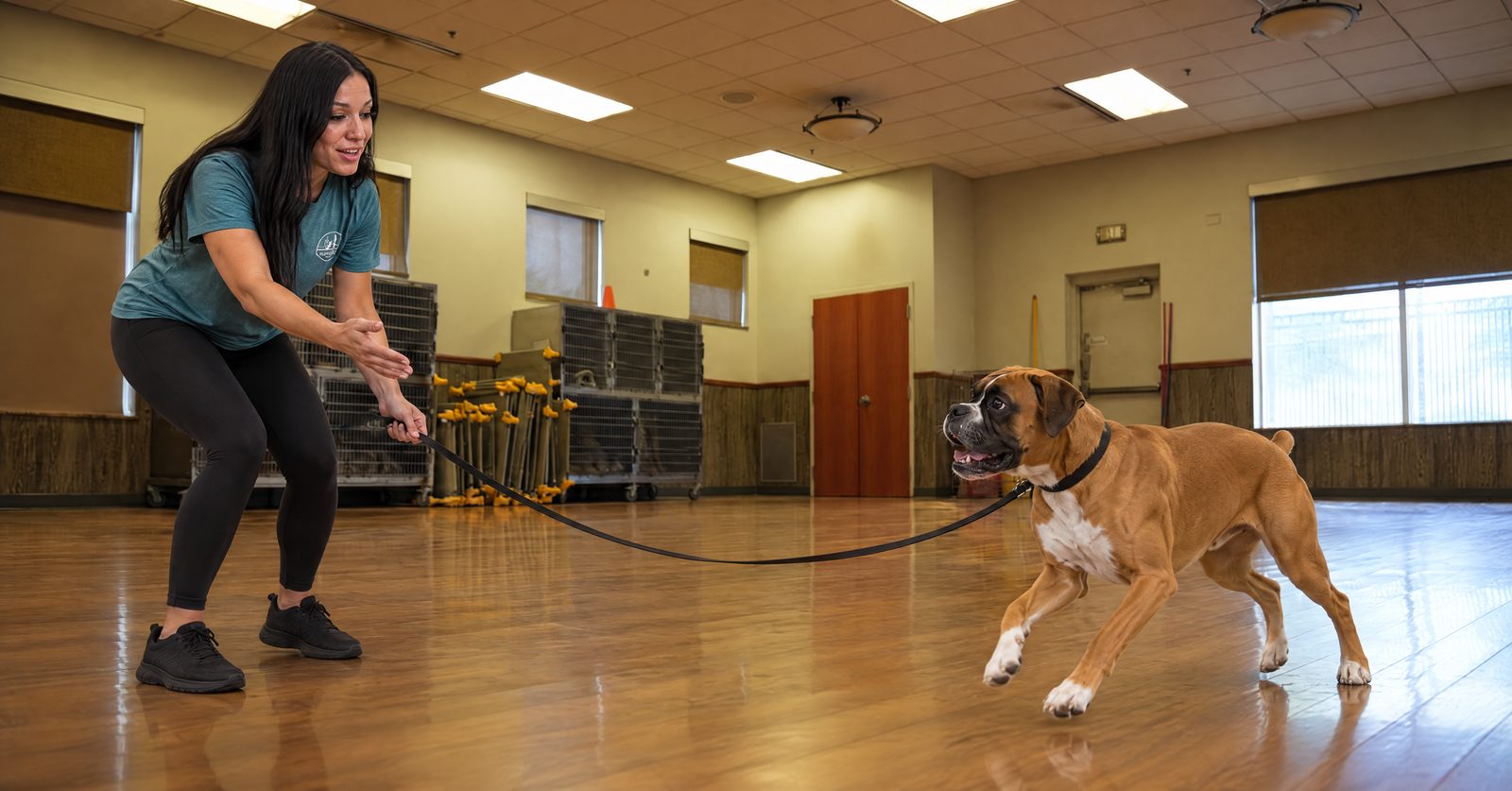 Alessandra practicing recall with an adult Boxer on a long line at Partners Dogs Scottsdale
