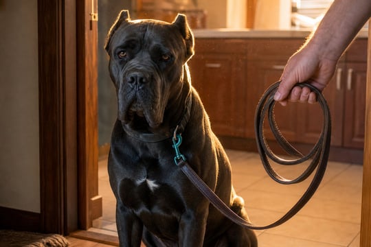 A Cane Corso waits by a kitchen doorway as a hand holds a coiled six-foot leash.