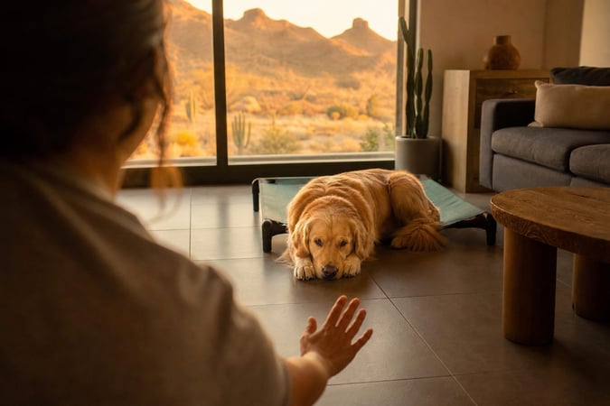 A Golden Retriever rests calmly on a tile floor as golden light fills the living room.