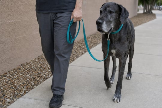 Great Dane walking calmly on a loose leash along a sidewalk in soft overcast light