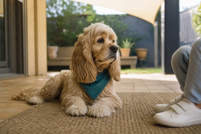 A relaxed Cocker Spaniel rests near a child on a shaded patio at home.