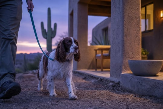 A Springer Spaniel walks calmly on a leash past a porch with a saguaro at dusk.