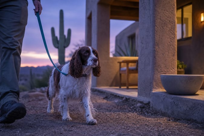 A Springer Spaniel walks calmly on a leash past a porch with a saguaro at dusk.
