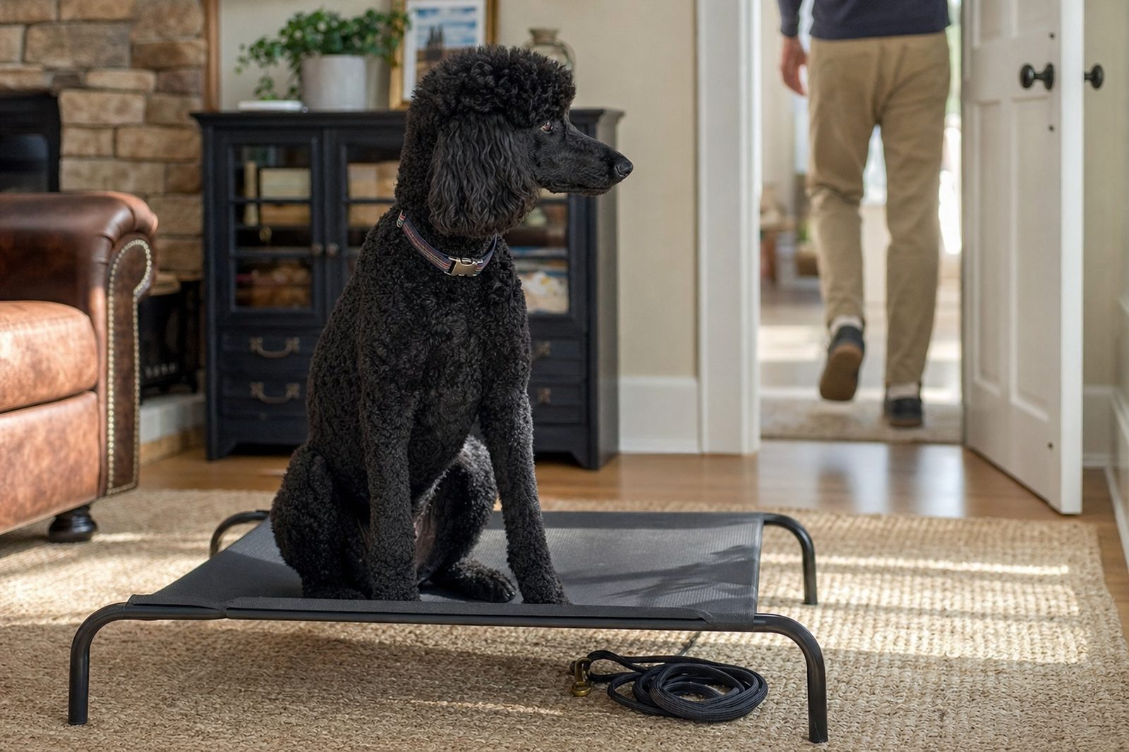 Adult Standard Poodle calmly watching its owner leave during alone-training in a living room