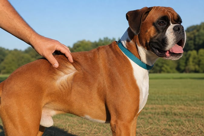 Adult Boxer standing in a sunny park field while a hand parts its coat to show the undercoat.