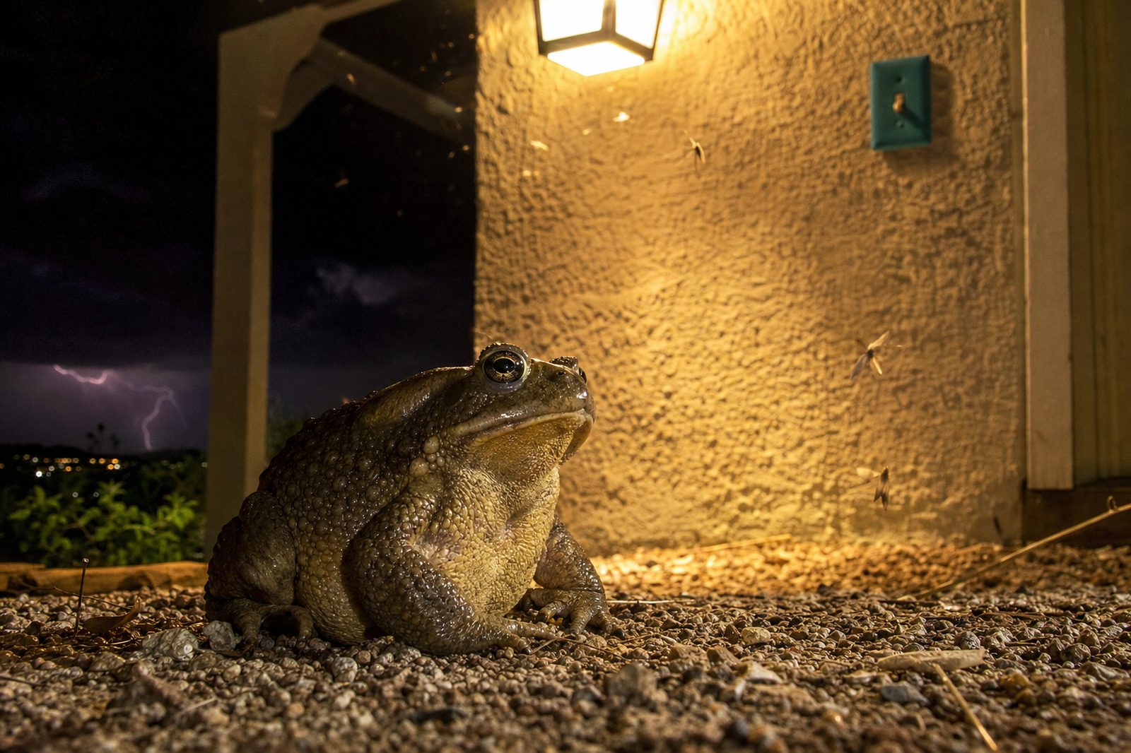 Sonoran Desert toad sitting near a Cave Creek backyard patio light at night