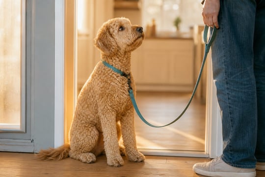 A Goldendoodle sits calmly at a kitchen doorway instead of jumping on a guest.
