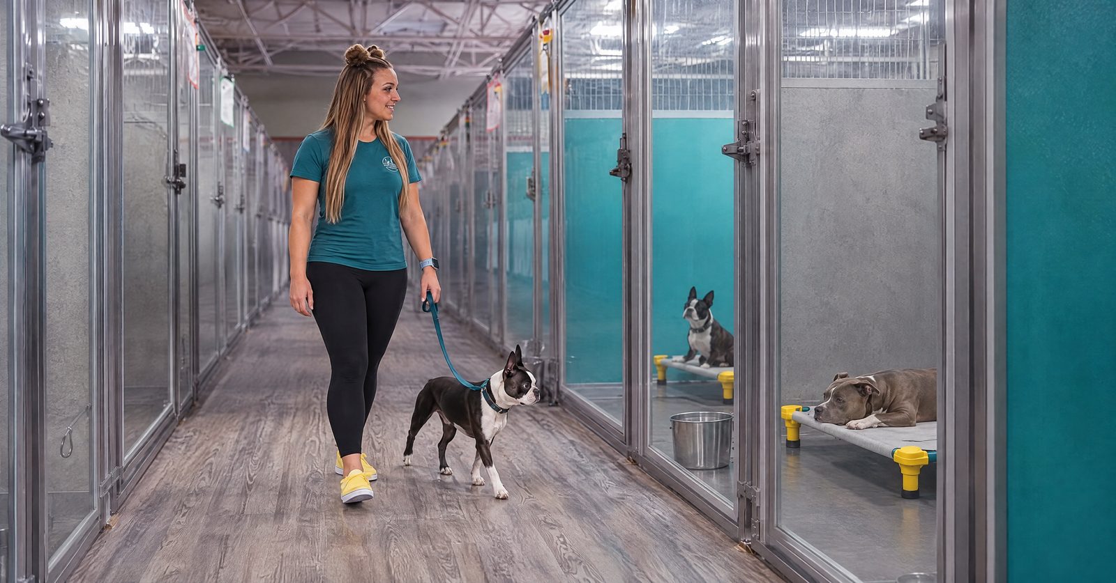 Lexi walks past cool boarding suites with a resting pit bull terrier and Boston terrier in Scottsdale