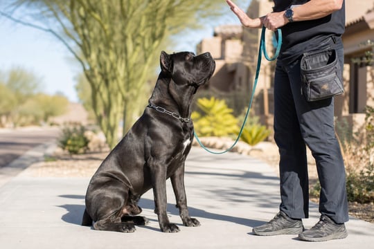 A trainer gives a hand signal to a seated Cane Corso on a desert sidewalk.