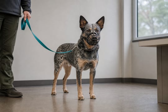 Heeler mix wearing a basket muzzle standing calmly during a behavior assessment
