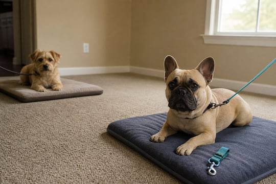 Two small dogs resting calmly on separate mats in a living room, managed apart.