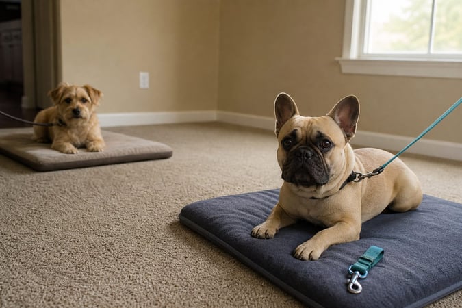 French Bulldog and a small mixed-breed dog resting on separate mats indoors, each on a leash.