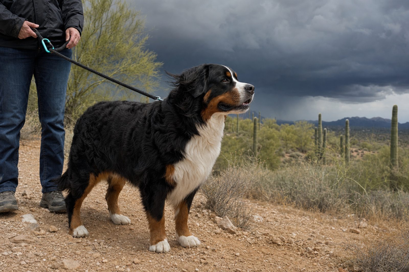A Bernese mountain dog walks on a leash on a Scottsdale desert trail as monsoon storm clouds build overhead