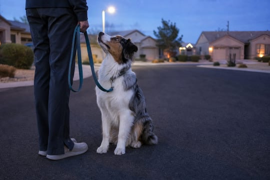 A trained dog sits in heel position beside a handler on a quiet street at dusk.