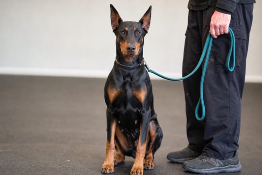 Doberman sitting attentively on a training floor with a blurred neutral background.