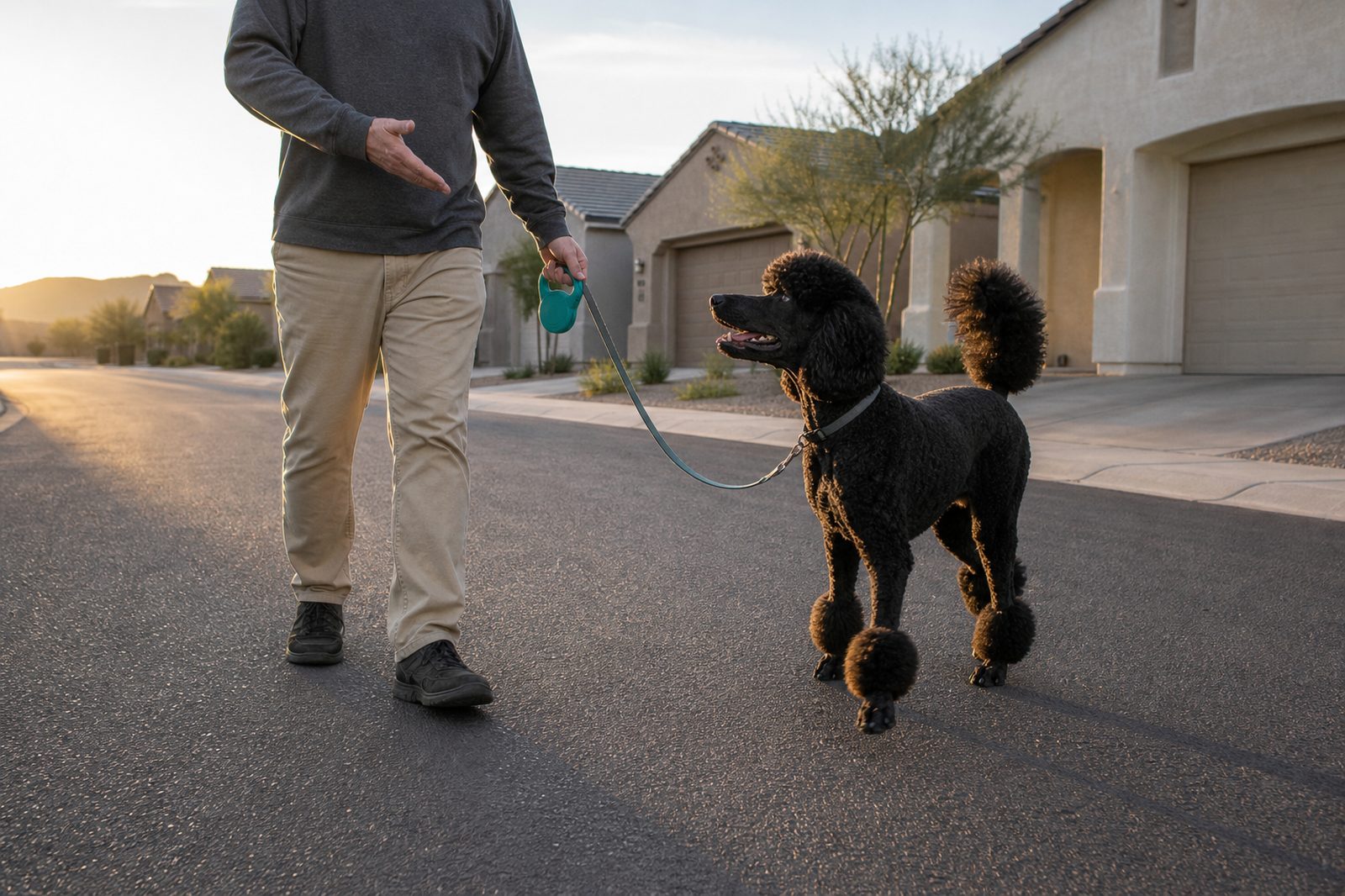A Standard Poodle walks on a loose leash beside its handler on a quiet morning street.