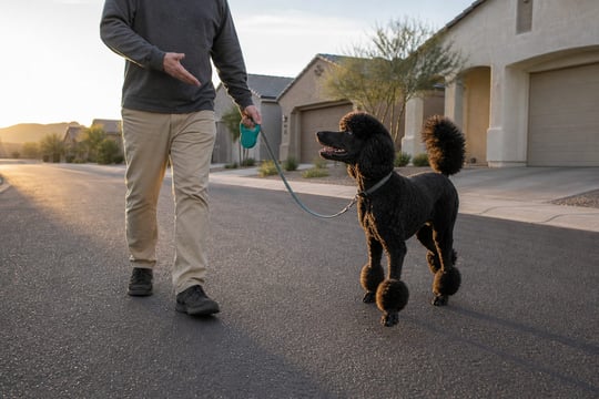 A Standard Poodle walks on a loose leash beside its handler on a quiet morning street.