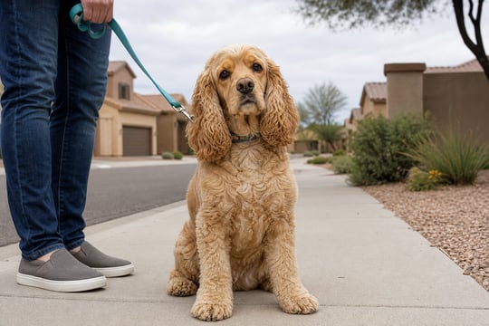 A Cocker Spaniel sits calmly beside its handler on a quiet cul-de-sac sidewalk.