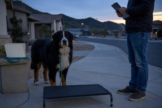Bernese Mountain Dog standing beside a cot and paperwork on a driveway at dusk.