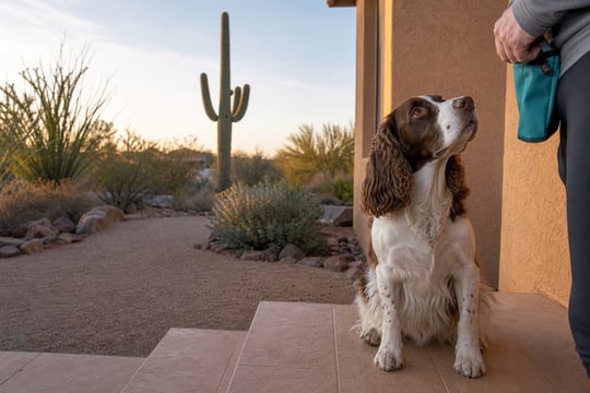 A Springer Spaniel sits on a porch step in early morning light with a saguaro in the yard.