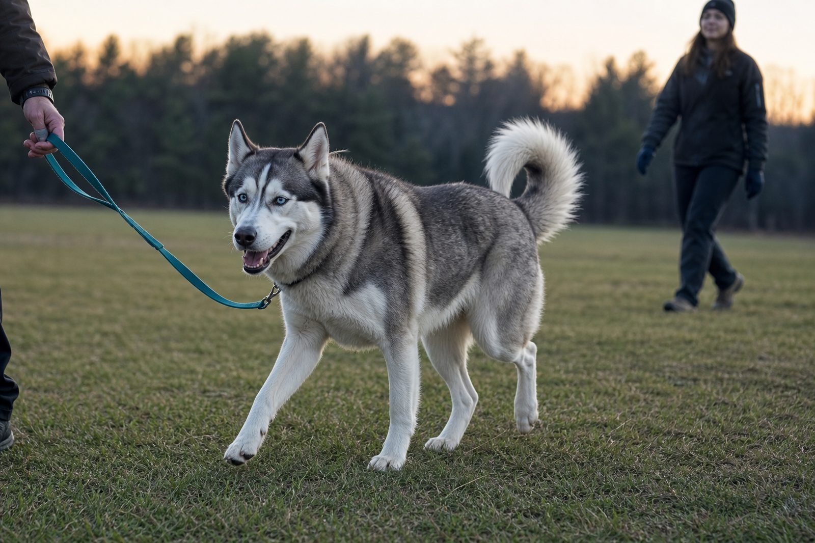 A Husky trots across an open field on a leash with two handlers nearby.