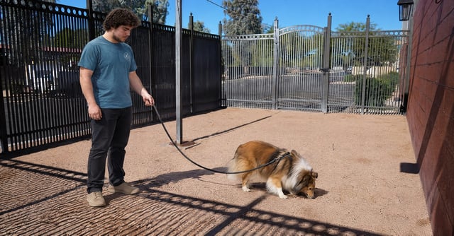 Margaret holding a long line while a Shetland Sheepdog sniffs desert grass in Scottsdale