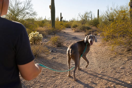 A Weimaraner glances back at its handler while walking a sunny desert wash trail.