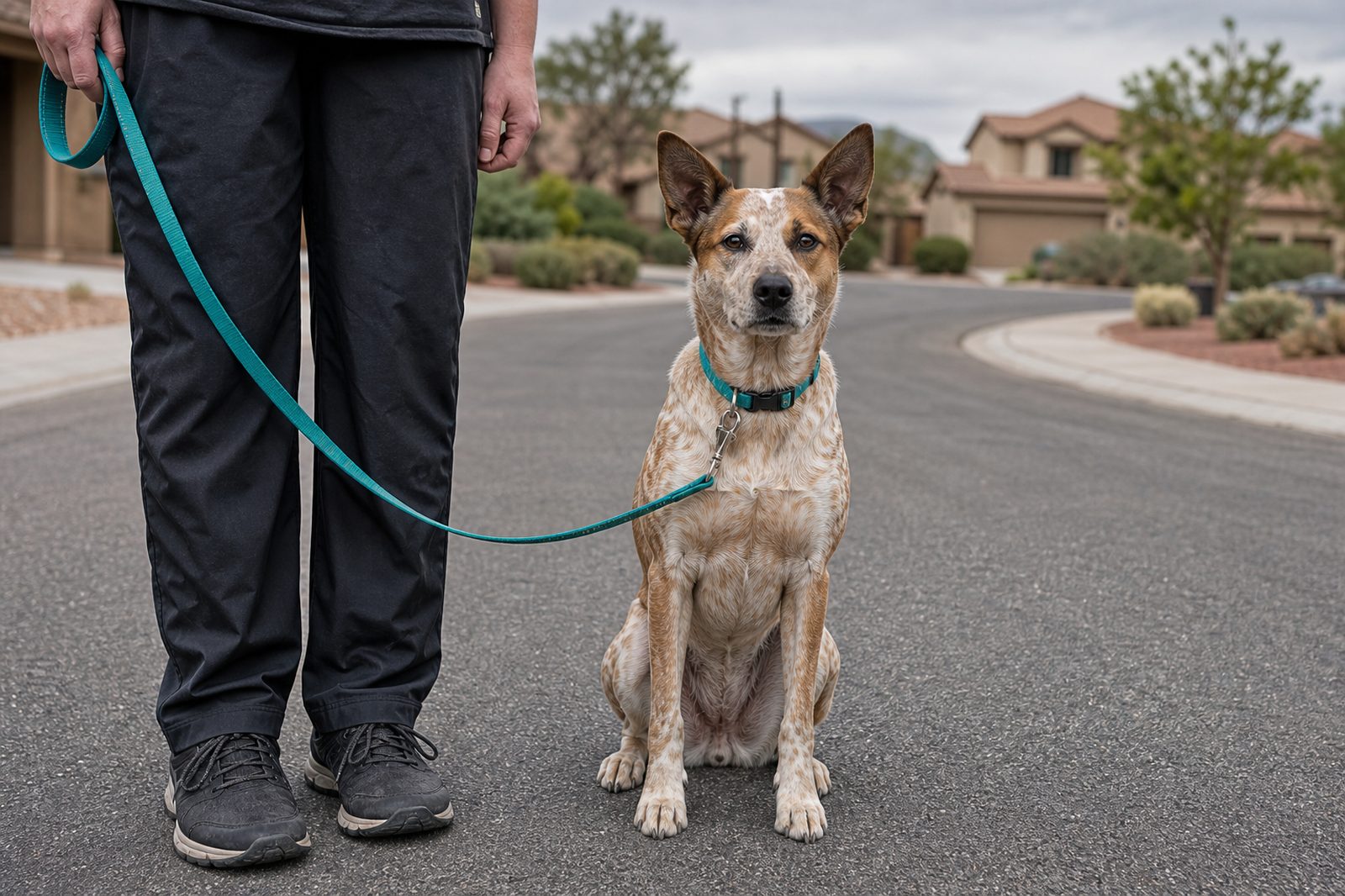 Heeler mix sitting calmly beside a handler on a quiet suburban cul-de-sac.