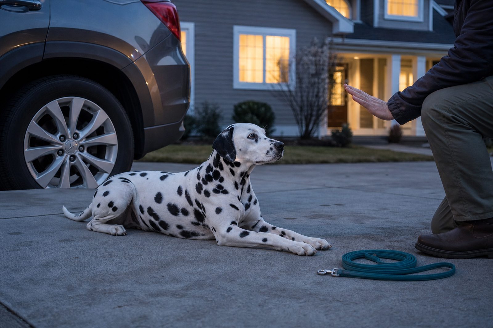 A Dalmatian holds a down-stay in a driveway during a private training lesson.