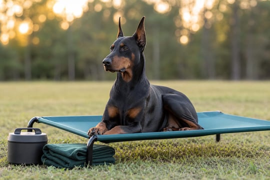 A Doberman rests on a raised cot outdoors near packed boarding supplies.