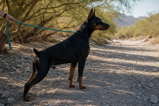 A Doberman stands alert on a leash at the edge of a desert wash in late afternoon shade.