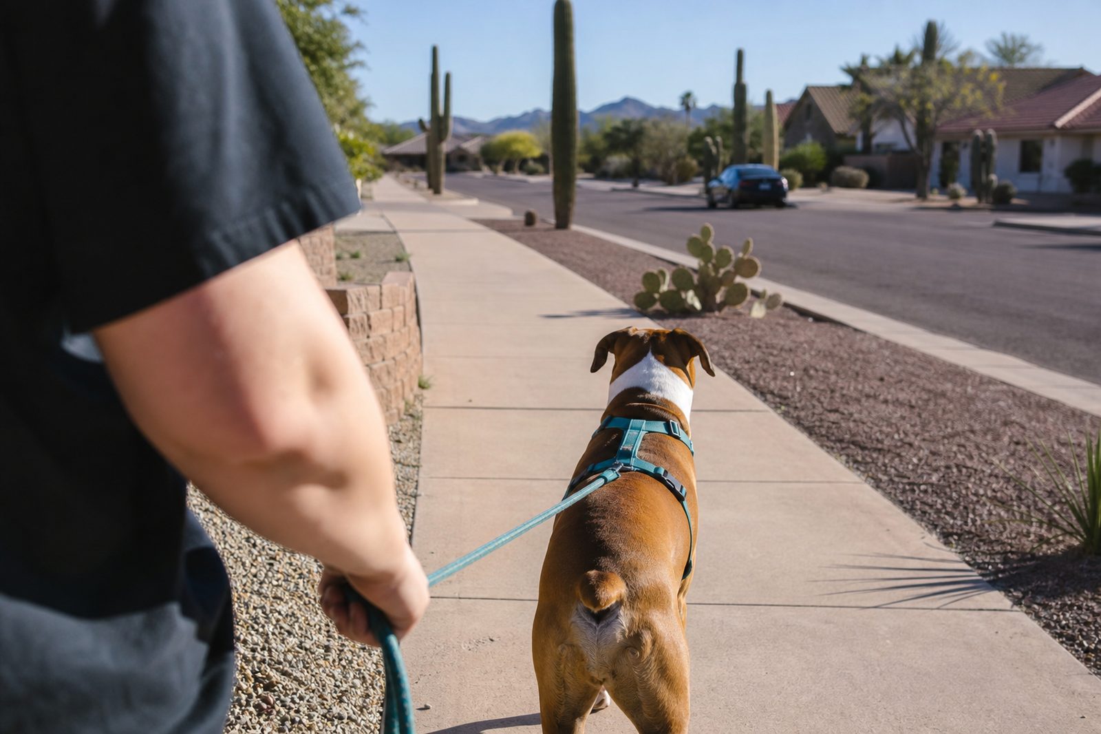 A Boxer walks on a leash beside its handler down a desert neighborhood sidewalk.