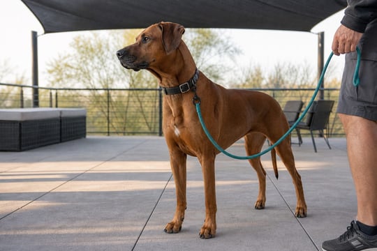A Rhodesian Ridgeback stands alert on a patio, held on a teal leash in morning light.