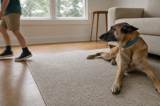 An adult Belgian Malinois lies on a living room floor giving space as a child walks past.