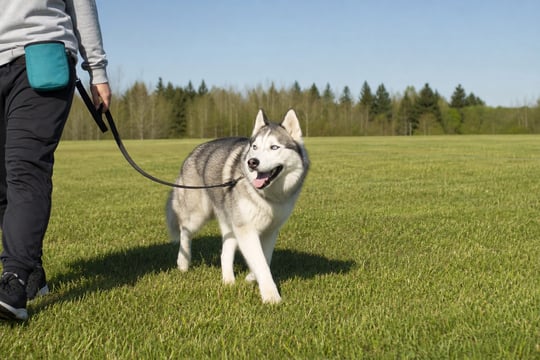A Husky trots across a sunny park field beside its handler during a training walk.