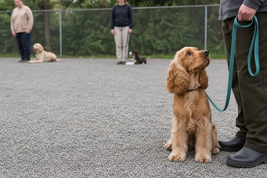 A Cocker Spaniel sits calmly with its handler while other dog-handler pairs work spaced apart.