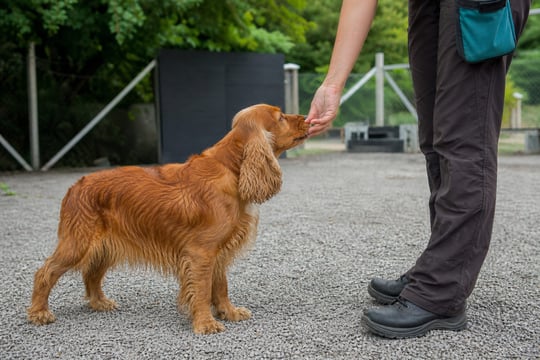 A Cocker Spaniel takes a treat calmly from its handler during reward-based training.