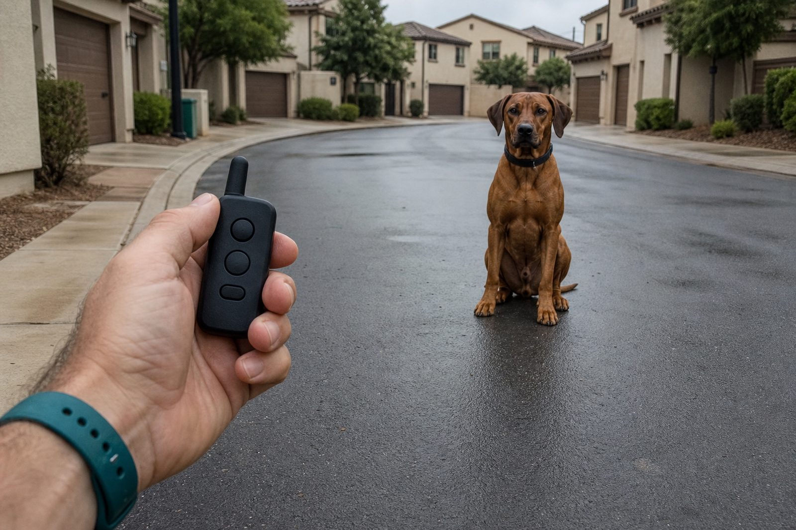 A hand holds a training remote as a Rhodesian Ridgeback sits attentively nearby.