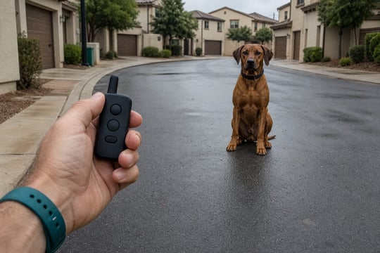 A hand holds a training remote as a Rhodesian Ridgeback sits attentively nearby.