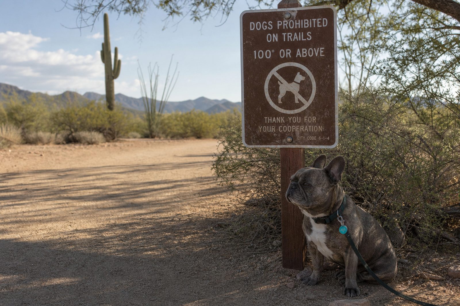 Trailhead sign warning that dogs are prohibited on Phoenix trails at 100 degrees