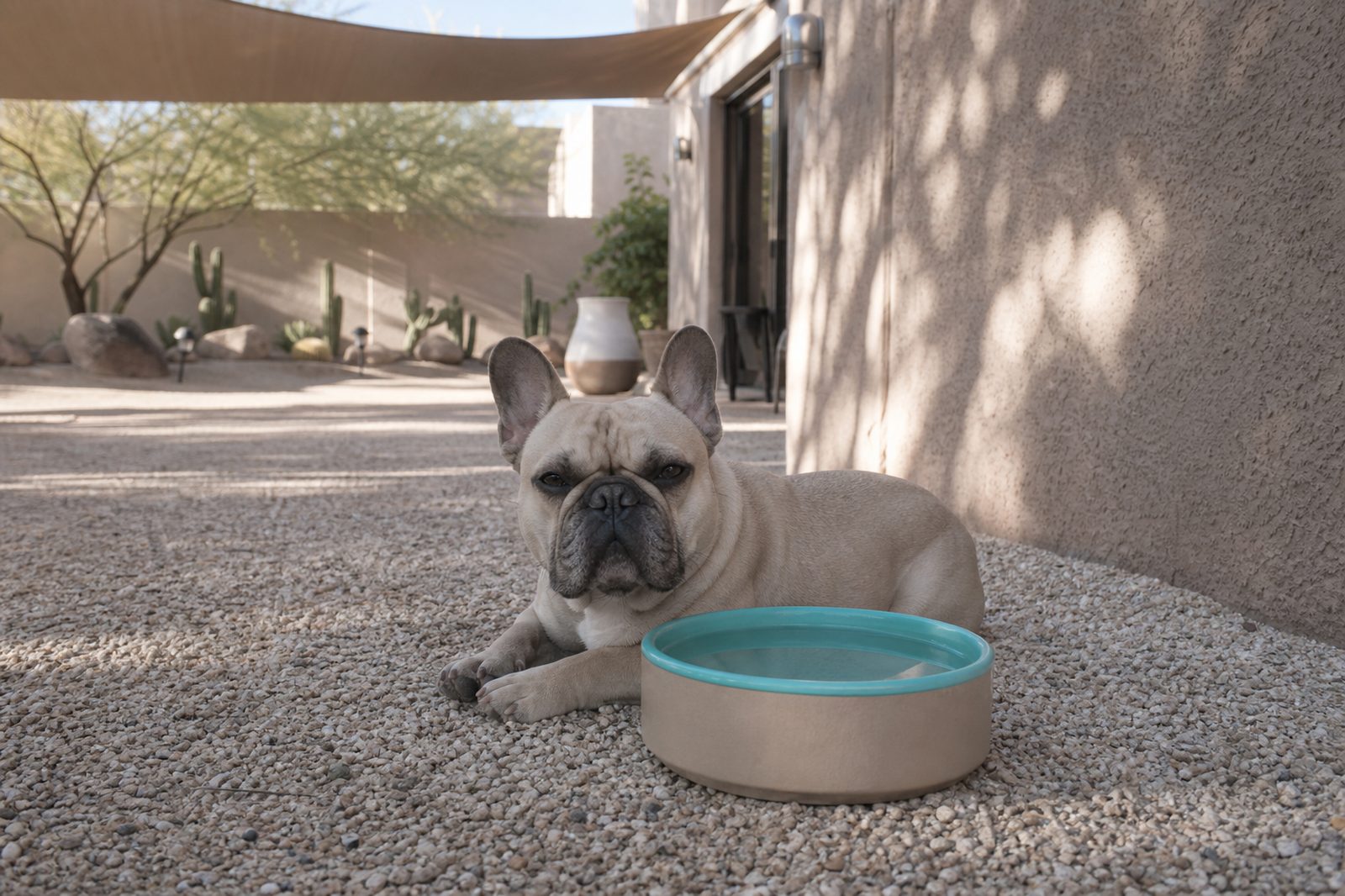 Adult Beagle resting in shade next to a water bowl, per the Phoenix tethering law