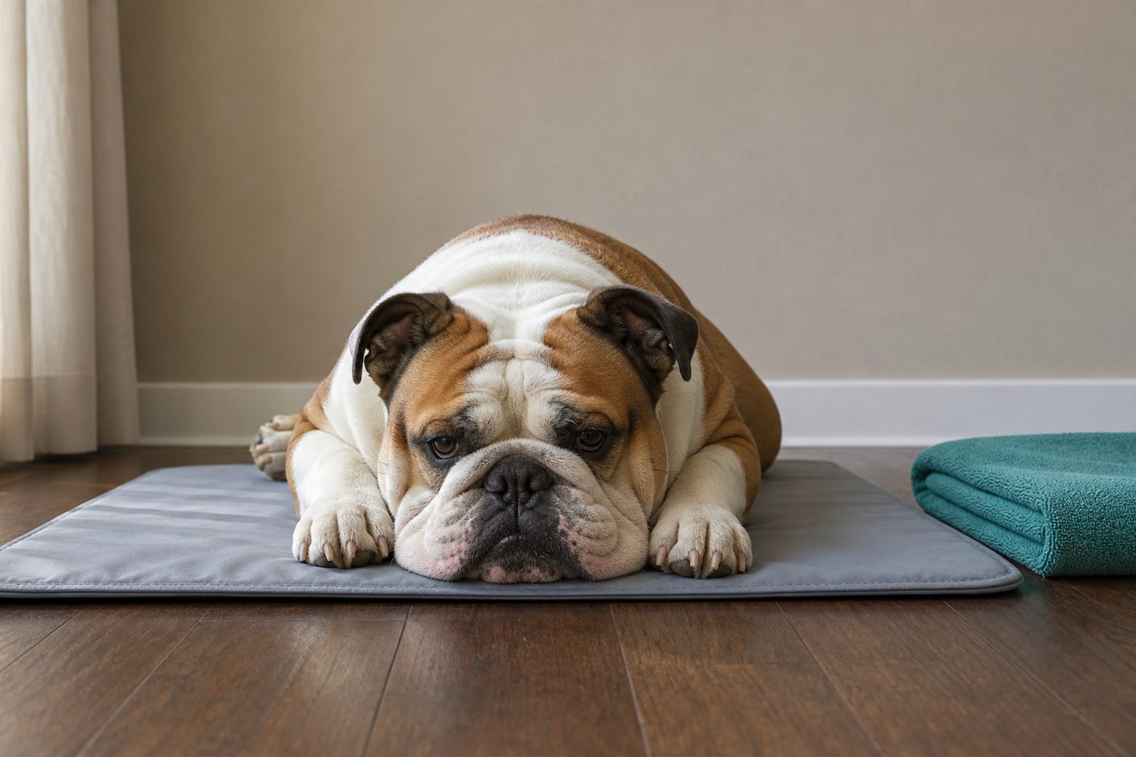 Adult Labrador Retriever lying calmly on a cooling mat in an air-conditioned home