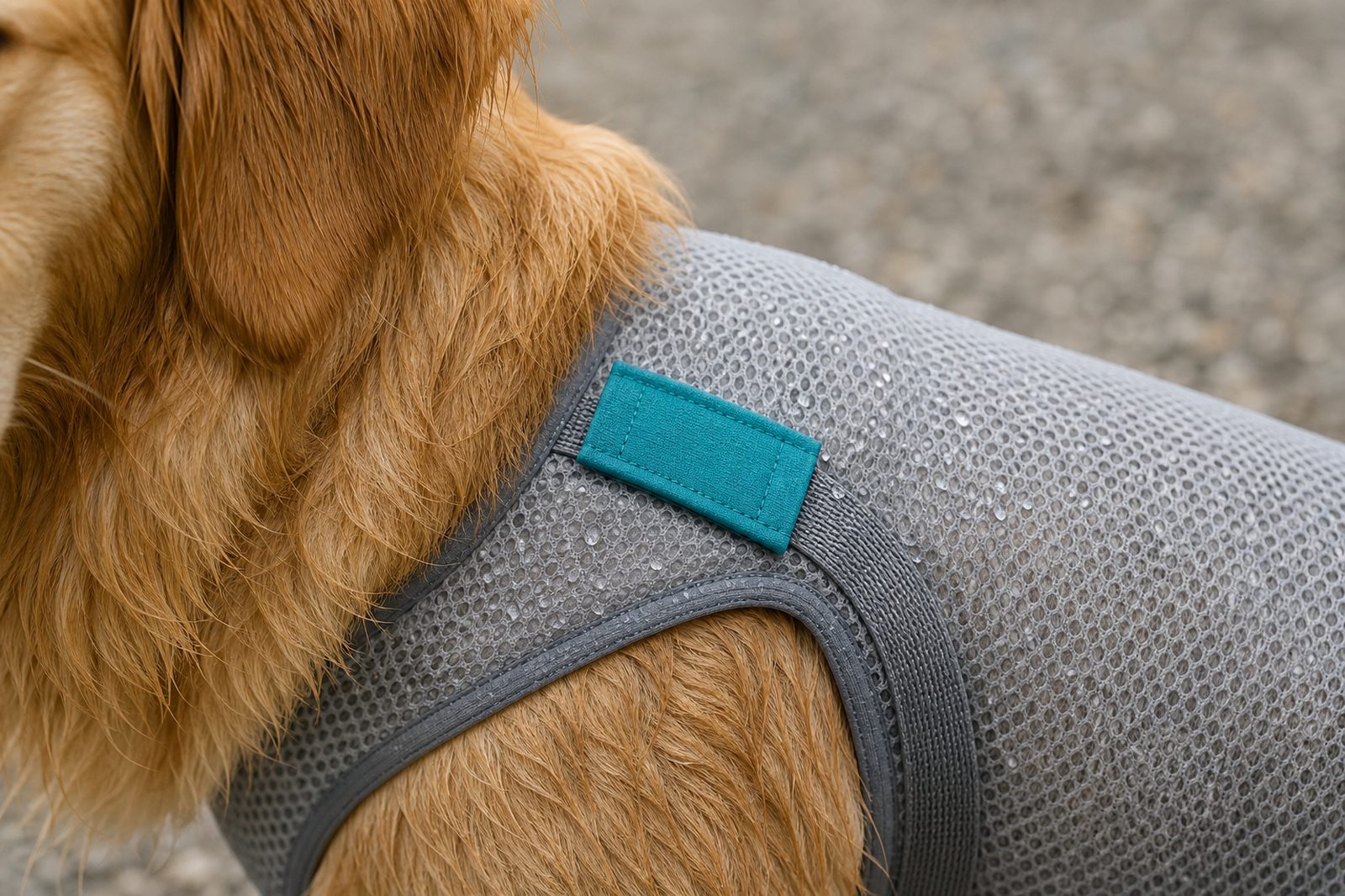 Close-up of thin mesh evaporative cooling vest fabric with water droplets