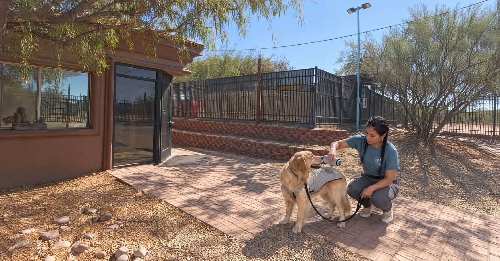 Hannah Kochman re-wetting a cooling vest on a Ridgeback on a shaded Arizona trail