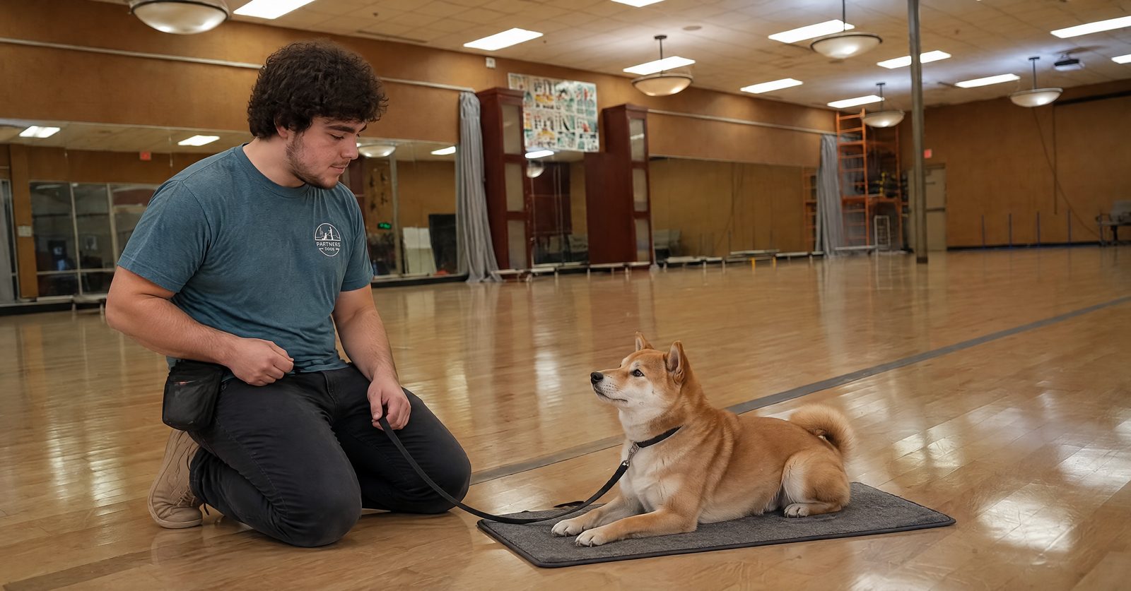 Kaiden Morrison-Kelley cues a Shiba Inu to settle in the auditorium classroom at Partners Dogs Scottsdale.