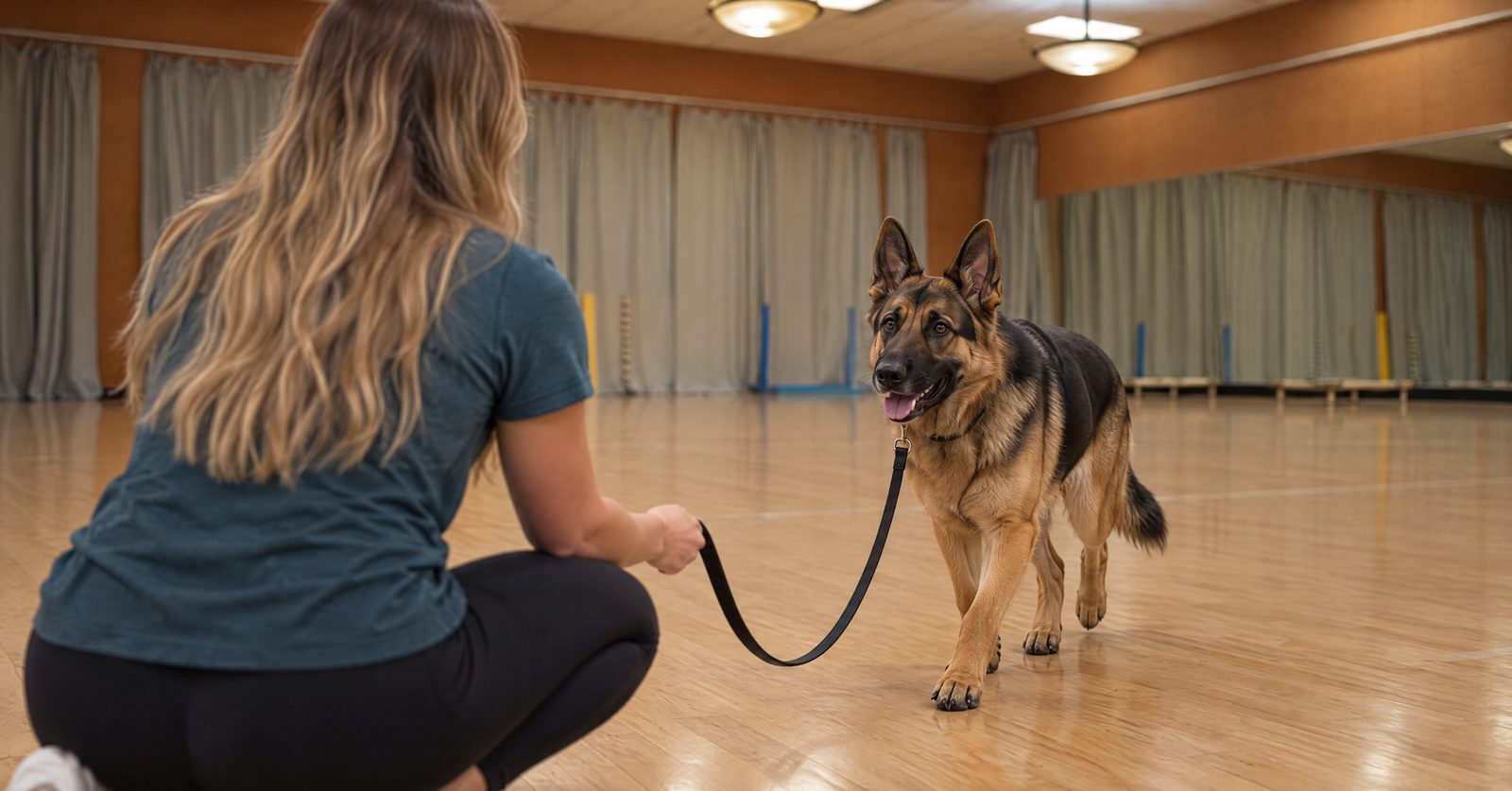 Trainer running a short low-impact training rep with a senior Corgi in Scottsdale