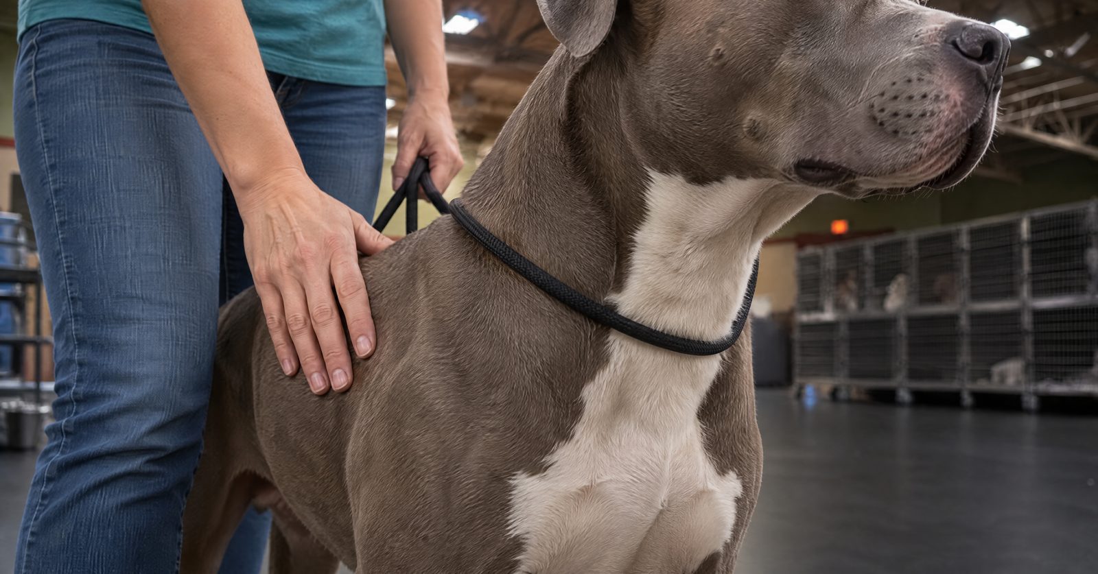 Labrador standing calmly during staged mock vet-visit handling in a campus training room