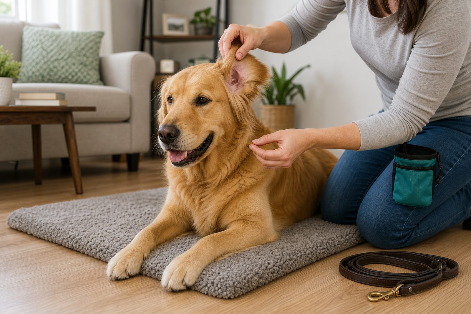 Owner practicing mock vet exam handling drills with a Golden Retriever on a mat